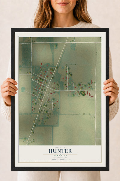 Map of Hunter, Arkansas, 18 x 24 inch print in a black wood frame