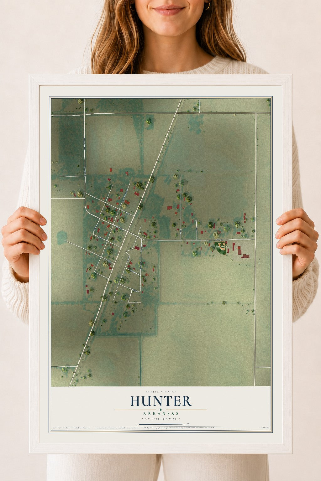 Map of Hunter, Arkansas, 18 x 24 inch print in a white wood frame