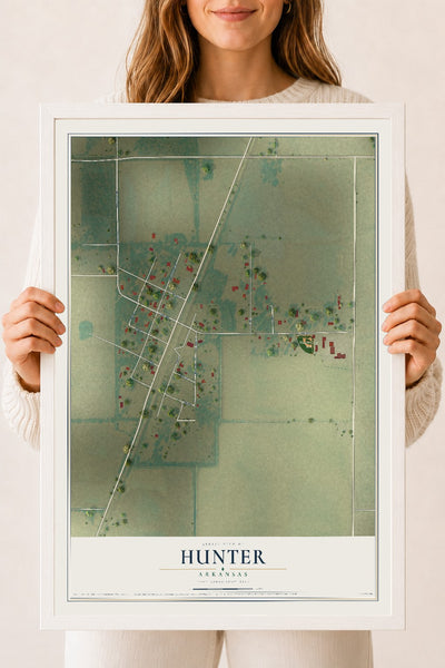 Map of Hunter, Arkansas, 18 x 24 inch print in a white wood frame