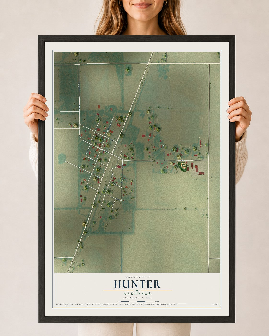 Map of Hunter, Arkansas, 24 x 36 inch print in a black wood frame