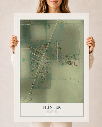 Map of Hunter, Arkansas, 24 x 36 inch print in a white wood frame