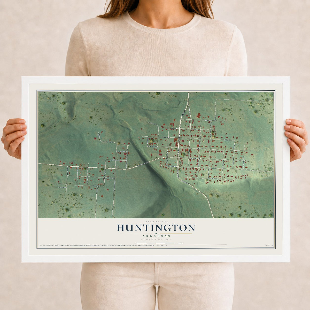 Map of Huntington, Arkansas, 12 x 18 inch print in a white wood frame