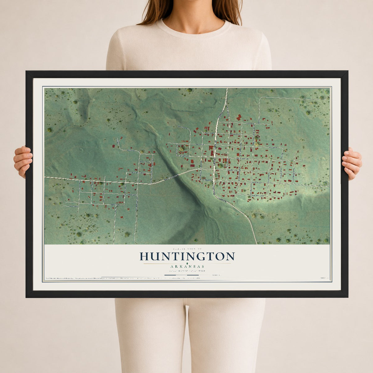 Map of Huntington, Arkansas, 24 x 36 inch print in a black wood frame