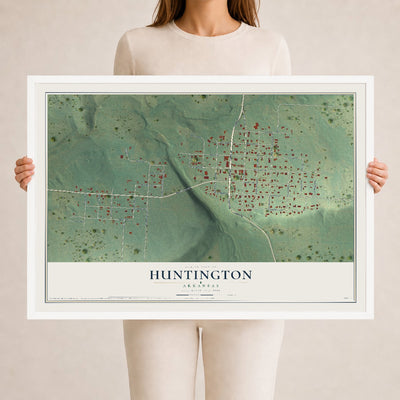 Map of Huntington, Arkansas, 24 x 36 inch print in a white wood frame