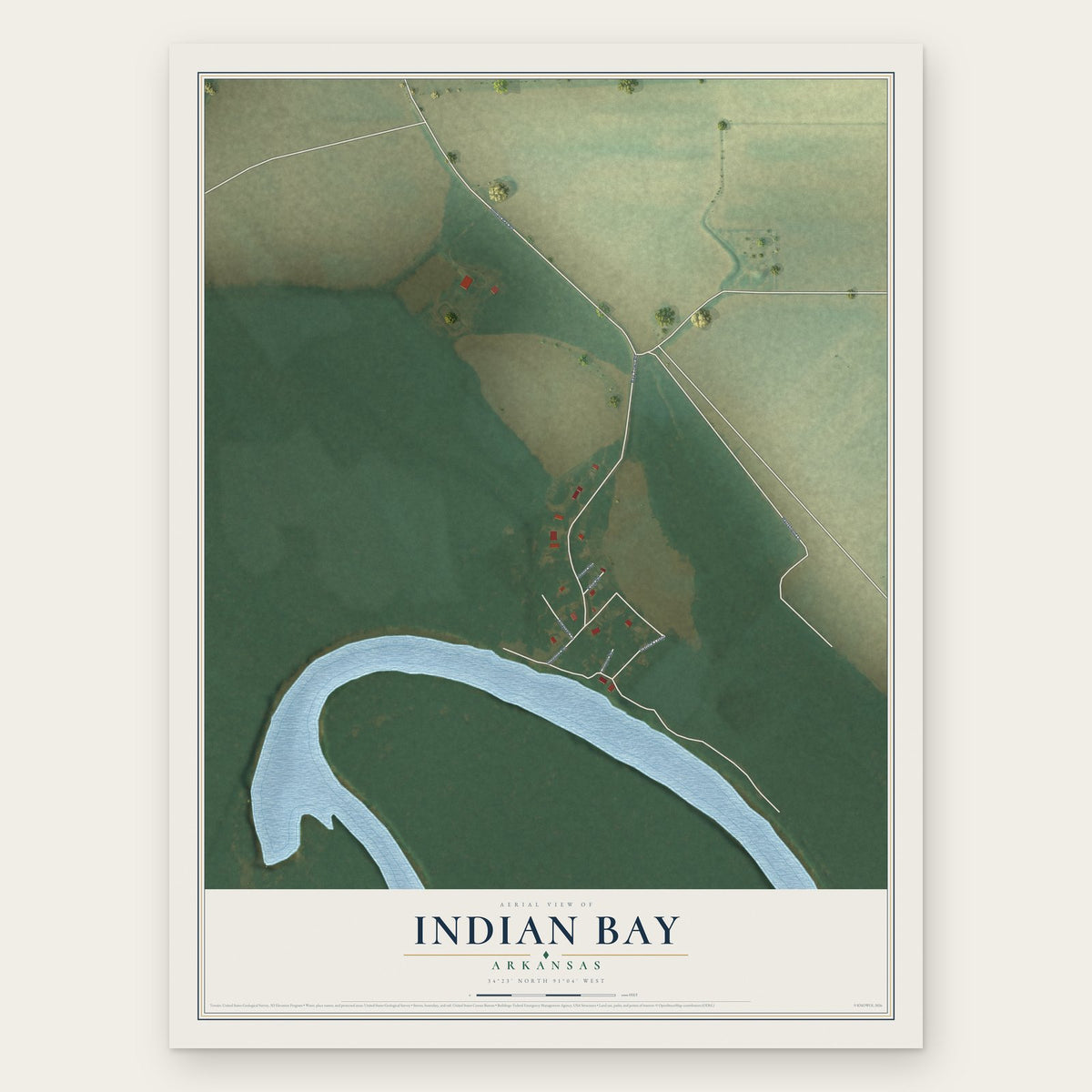 Indian Bay, Arkansas map print, the full design