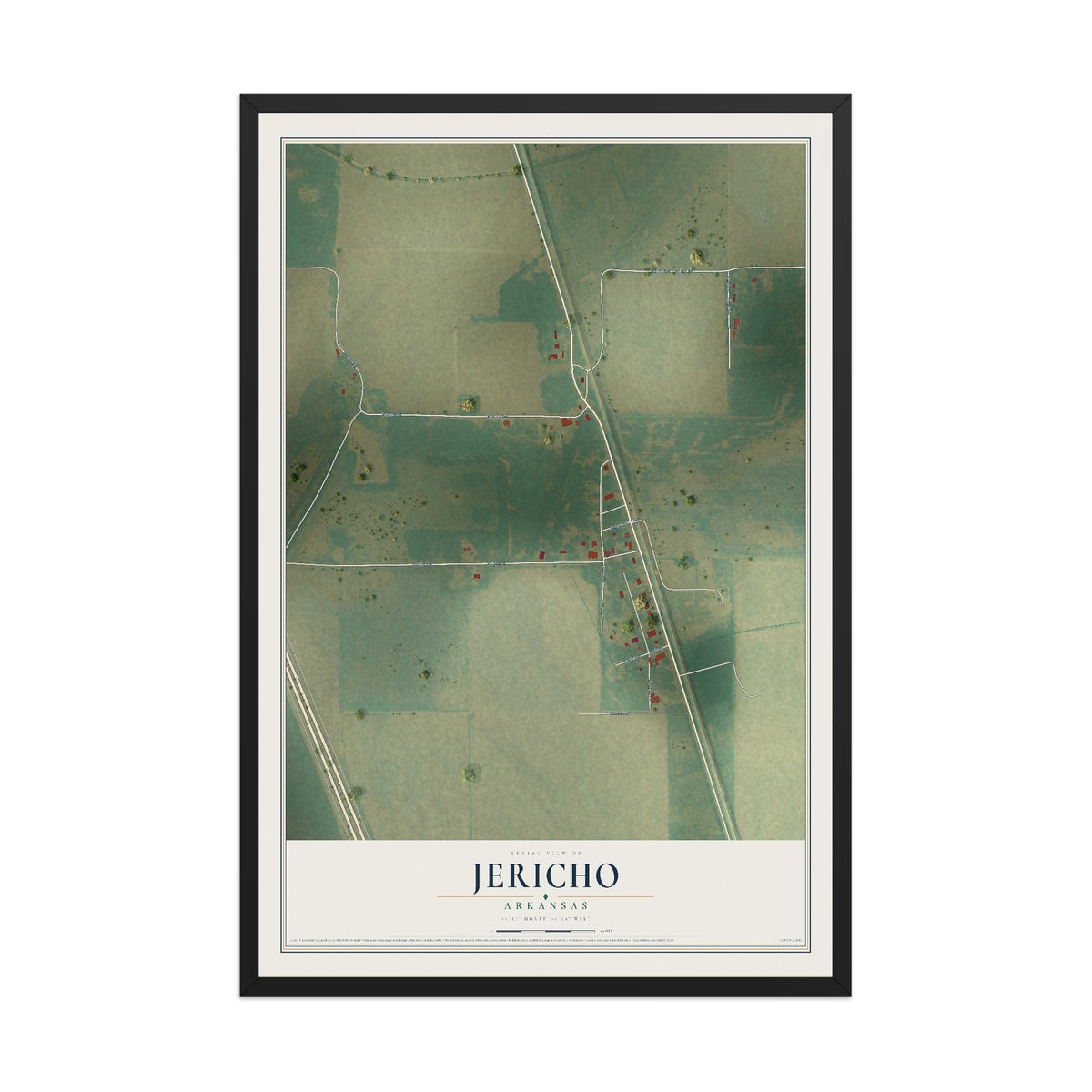 Map of Jericho, Arkansas, 12 x 18 inch print in a black wood frame