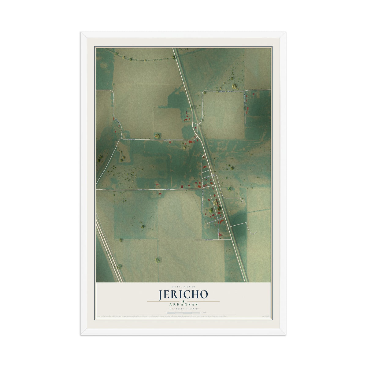 Map of Jericho, Arkansas, 12 x 18 inch print in a white wood frame