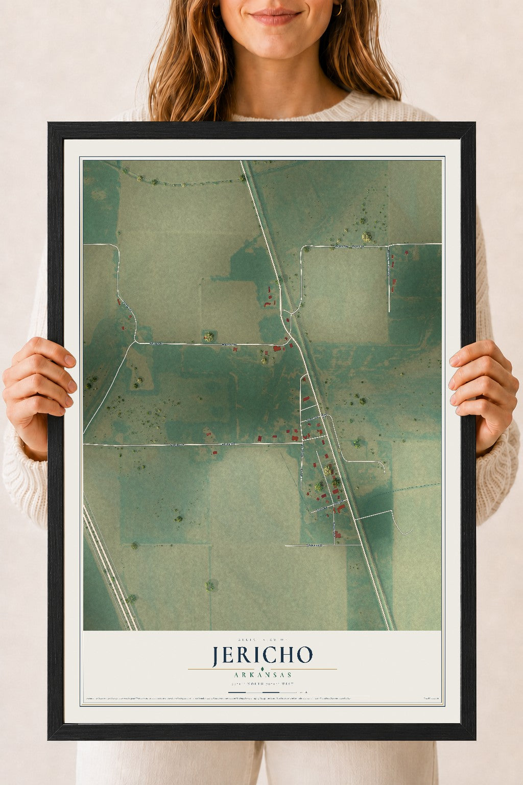 Map of Jericho, Arkansas, 18 x 24 inch print in a black wood frame
