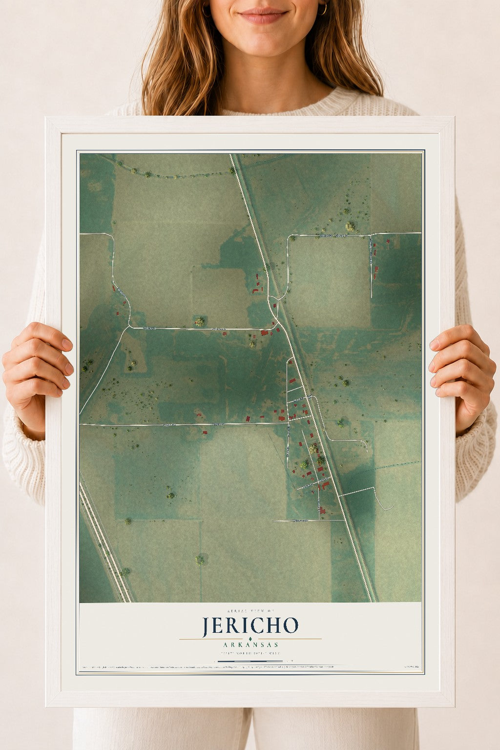 Map of Jericho, Arkansas, 18 x 24 inch print in a white wood frame
