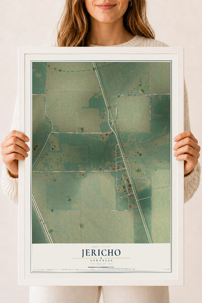 Map of Jericho, Arkansas, 18 x 24 inch print in a white wood frame