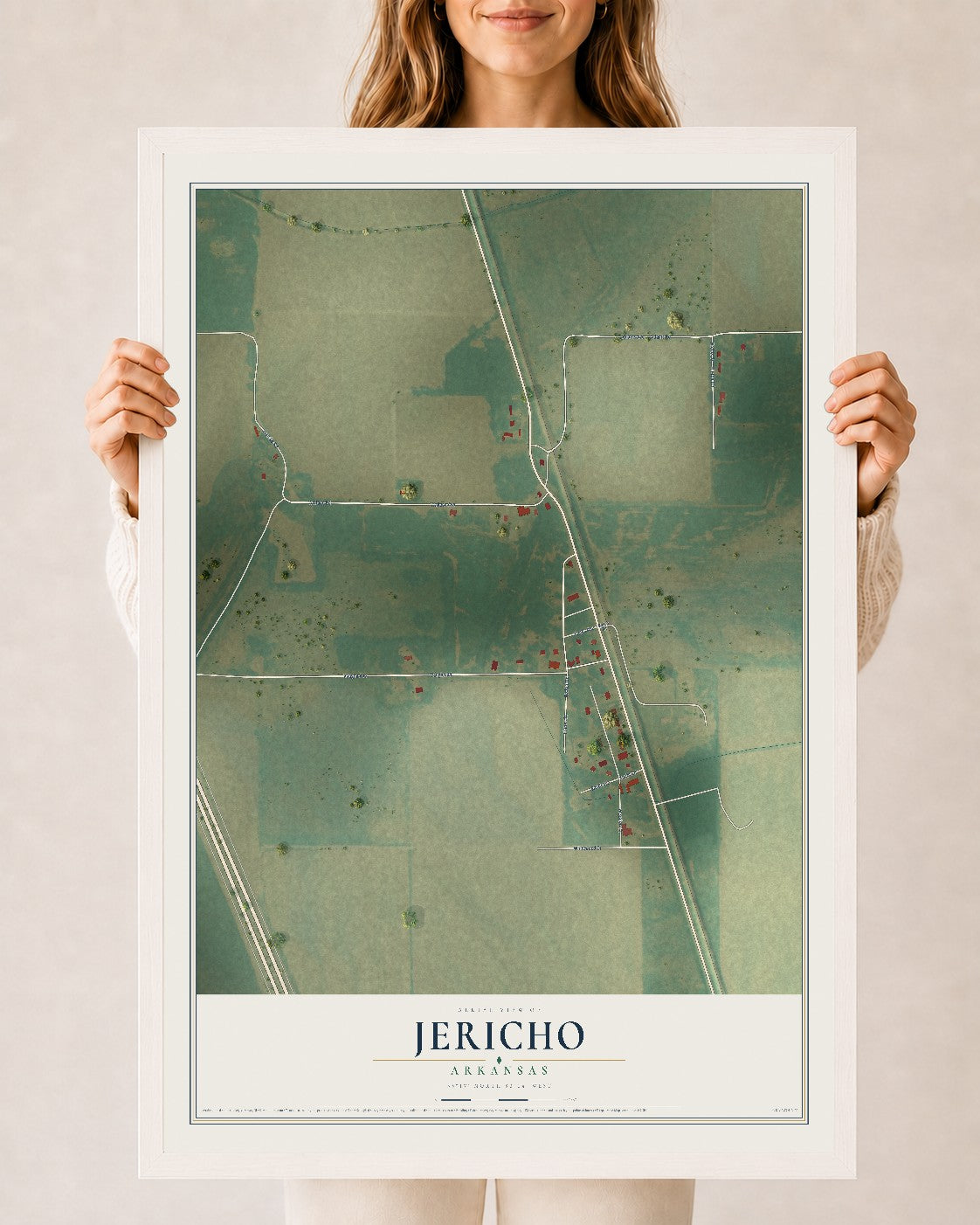 Map of Jericho, Arkansas, 24 x 36 inch print in a white wood frame