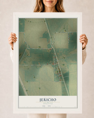 Map of Jericho, Arkansas, 24 x 36 inch print in a white wood frame