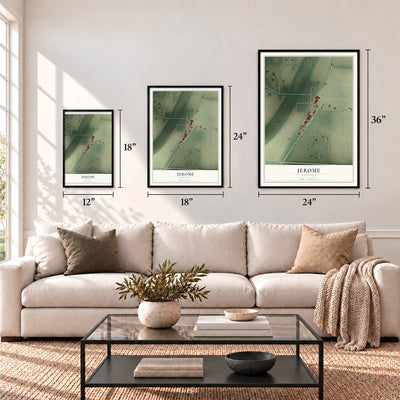 Jerome, Arkansas map in 12 x 18, 18 x 24 and 24 x 36 inch sizes above a sofa