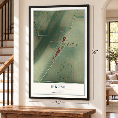 Jerome, Arkansas map, 24 x 36 inch print in a black frame by a staircase