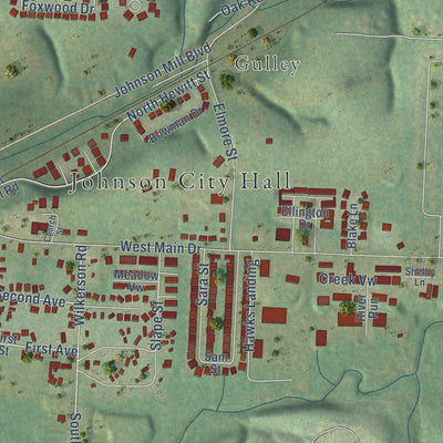 Close-up of the map of Johnson, Arkansas print showing street and building detail