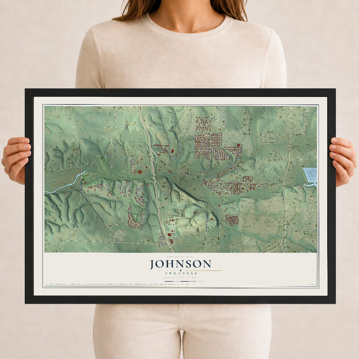 Map of Johnson, Arkansas, 12 x 18 inch print in a black wood frame