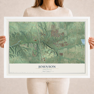 Map of Johnson, Arkansas, 18 x 24 inch print in a white wood frame