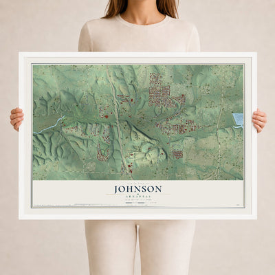 Map of Johnson, Arkansas, 24 x 36 inch print in a white wood frame