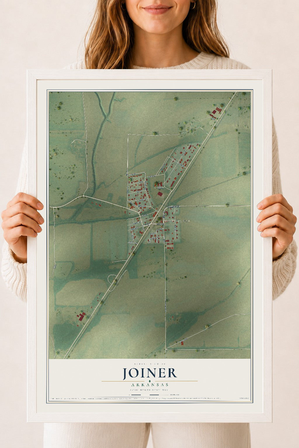 Map of Joiner, Arkansas, 18 x 24 inch print in a white wood frame