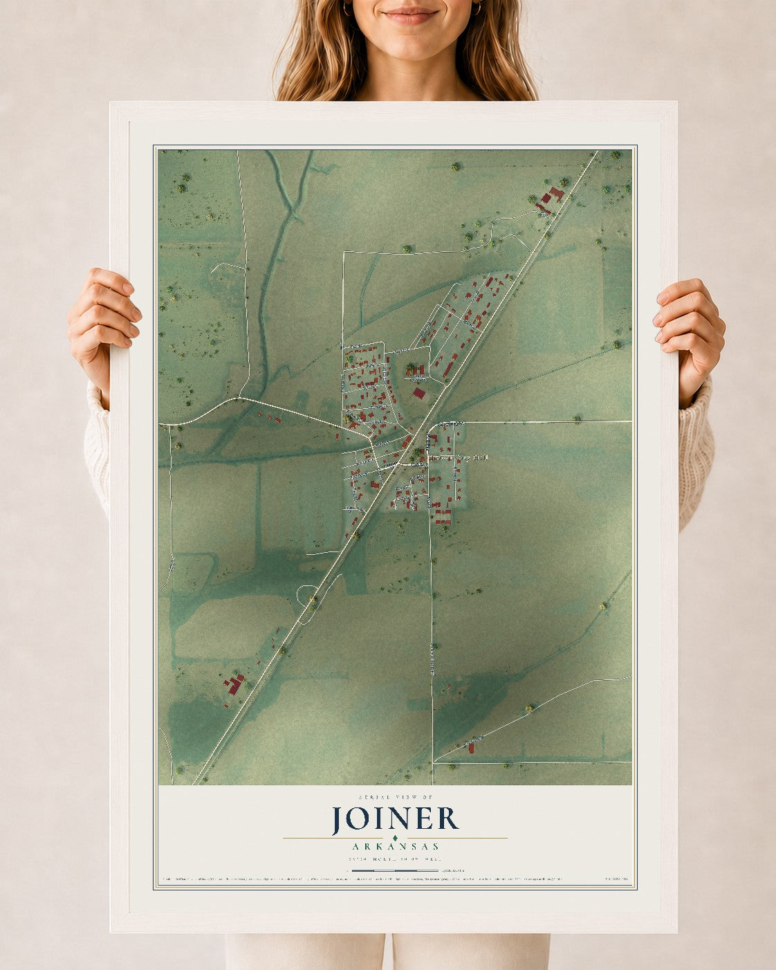 Map of Joiner, Arkansas, 24 x 36 inch print in a white wood frame