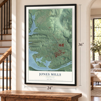Jones Mills, Arkansas map, 24 x 36 inch print in a black frame by a staircase