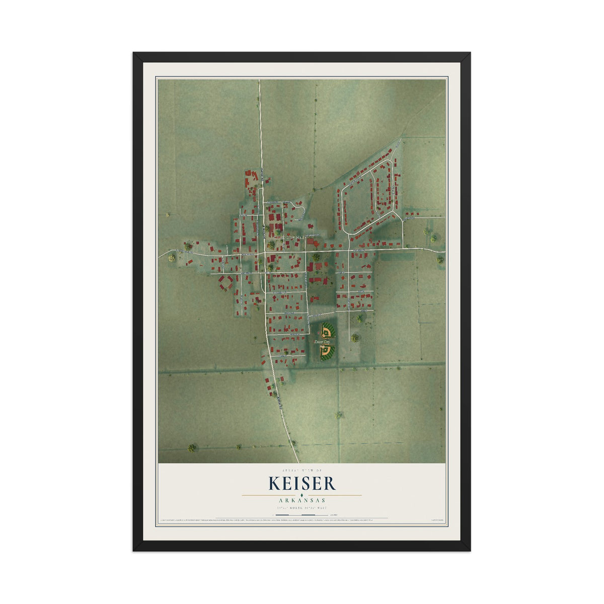 Map of Keiser, Arkansas, 12 x 18 inch print in a black wood frame