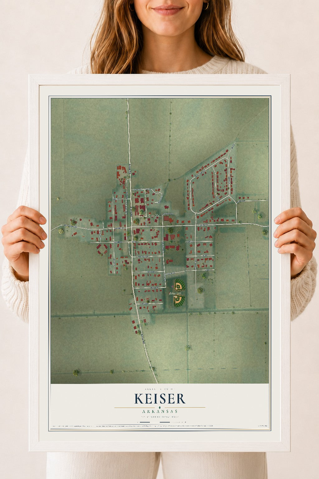 Map of Keiser, Arkansas, 18 x 24 inch print in a white wood frame