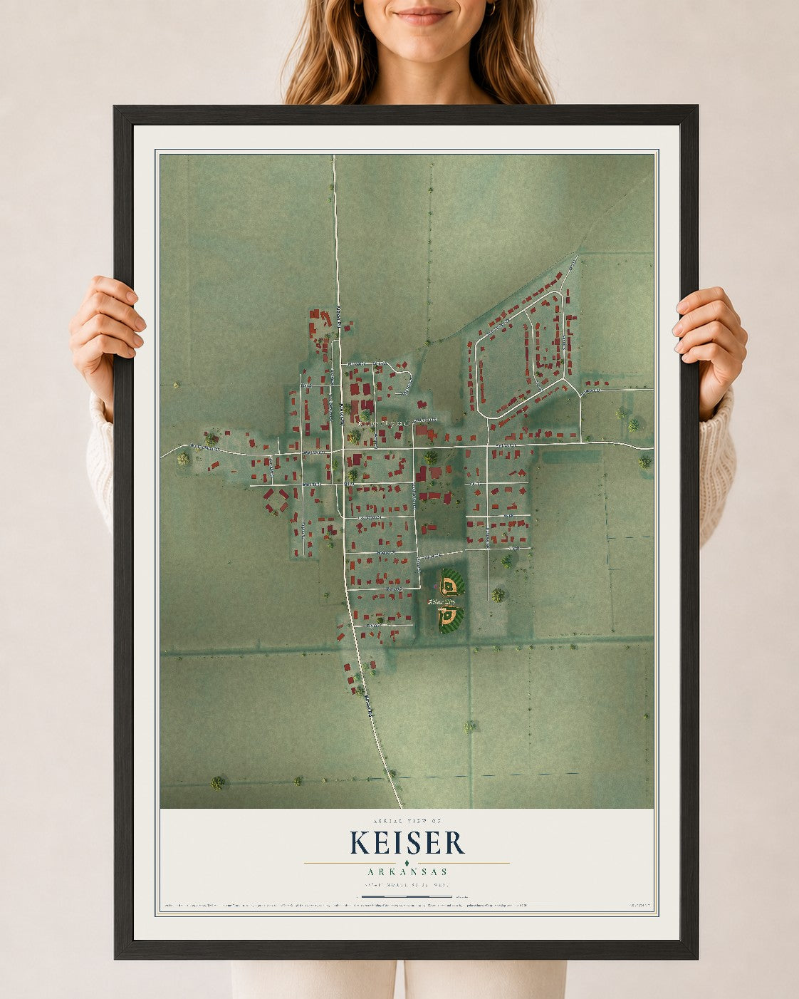 Map of Keiser, Arkansas, 24 x 36 inch print in a black wood frame