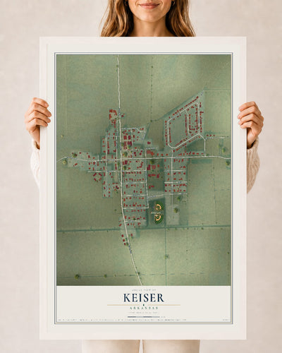 Map of Keiser, Arkansas, 24 x 36 inch print in a white wood frame