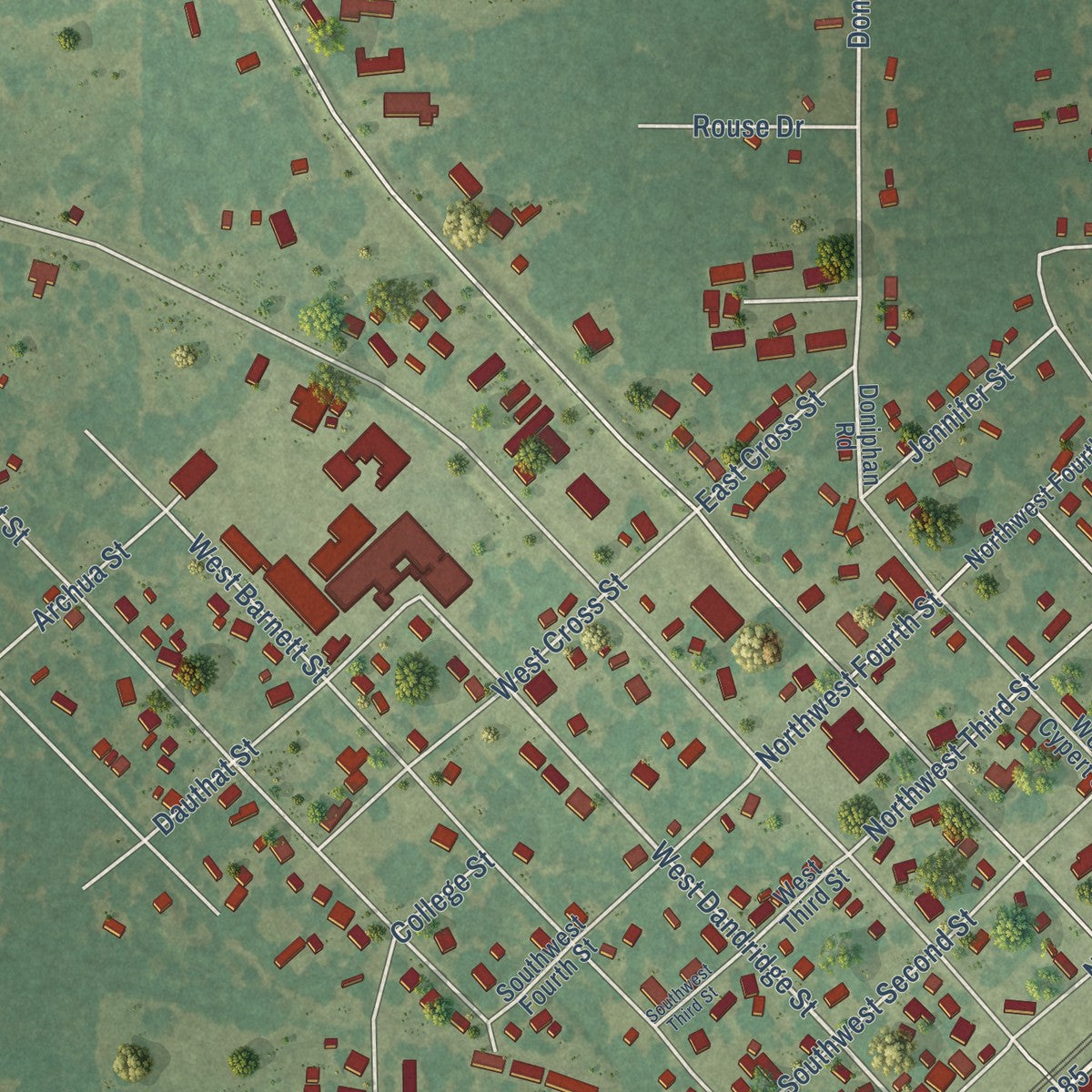 Close-up of the map of Kensett, Arkansas print showing street and building detail