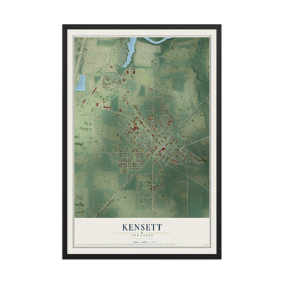 Map of Kensett, Arkansas, 12 x 18 inch print in a black wood frame