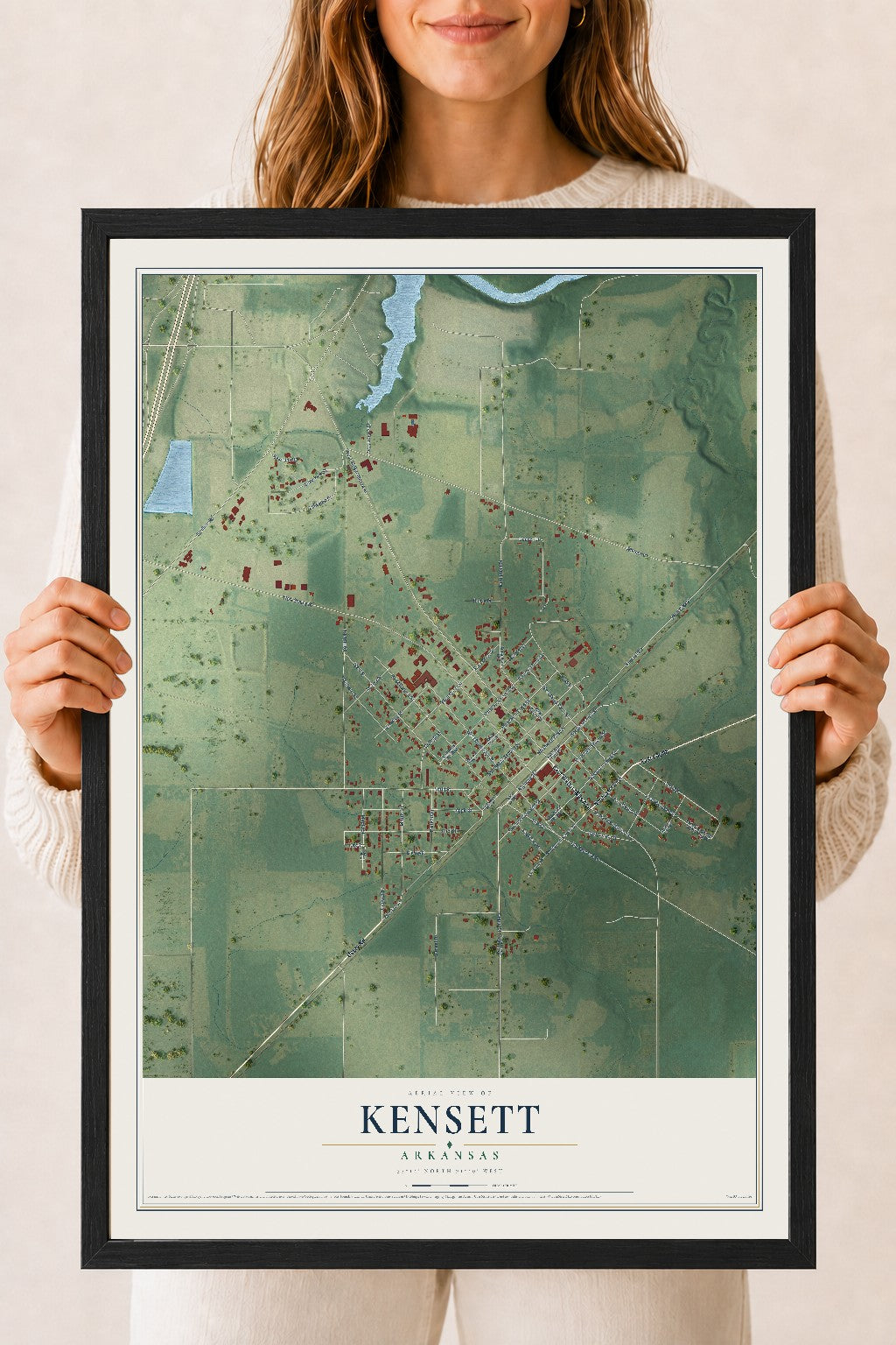 Map of Kensett, Arkansas, 18 x 24 inch print in a black wood frame