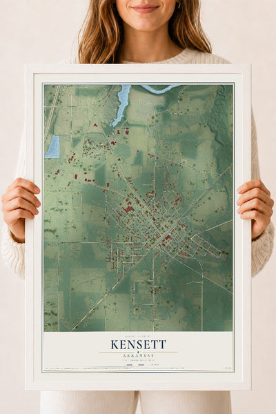 Map of Kensett, Arkansas, 18 x 24 inch print in a white wood frame