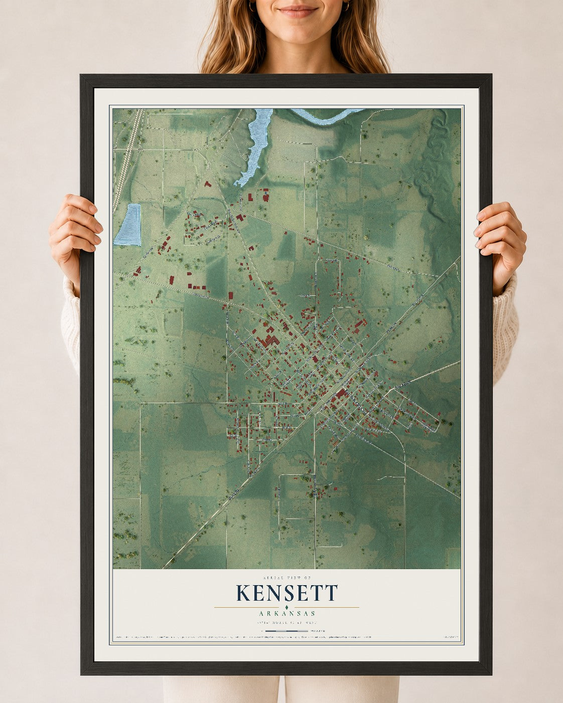 Map of Kensett, Arkansas, 24 x 36 inch print in a black wood frame