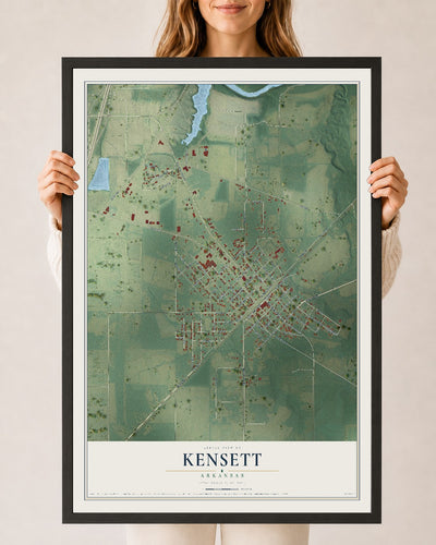 Map of Kensett, Arkansas, 24 x 36 inch print in a black wood frame