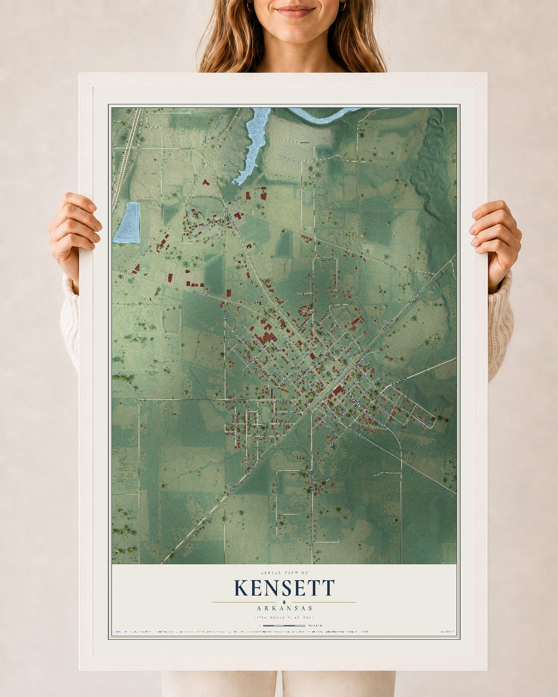 Map of Kensett, Arkansas, 24 x 36 inch print in a white wood frame