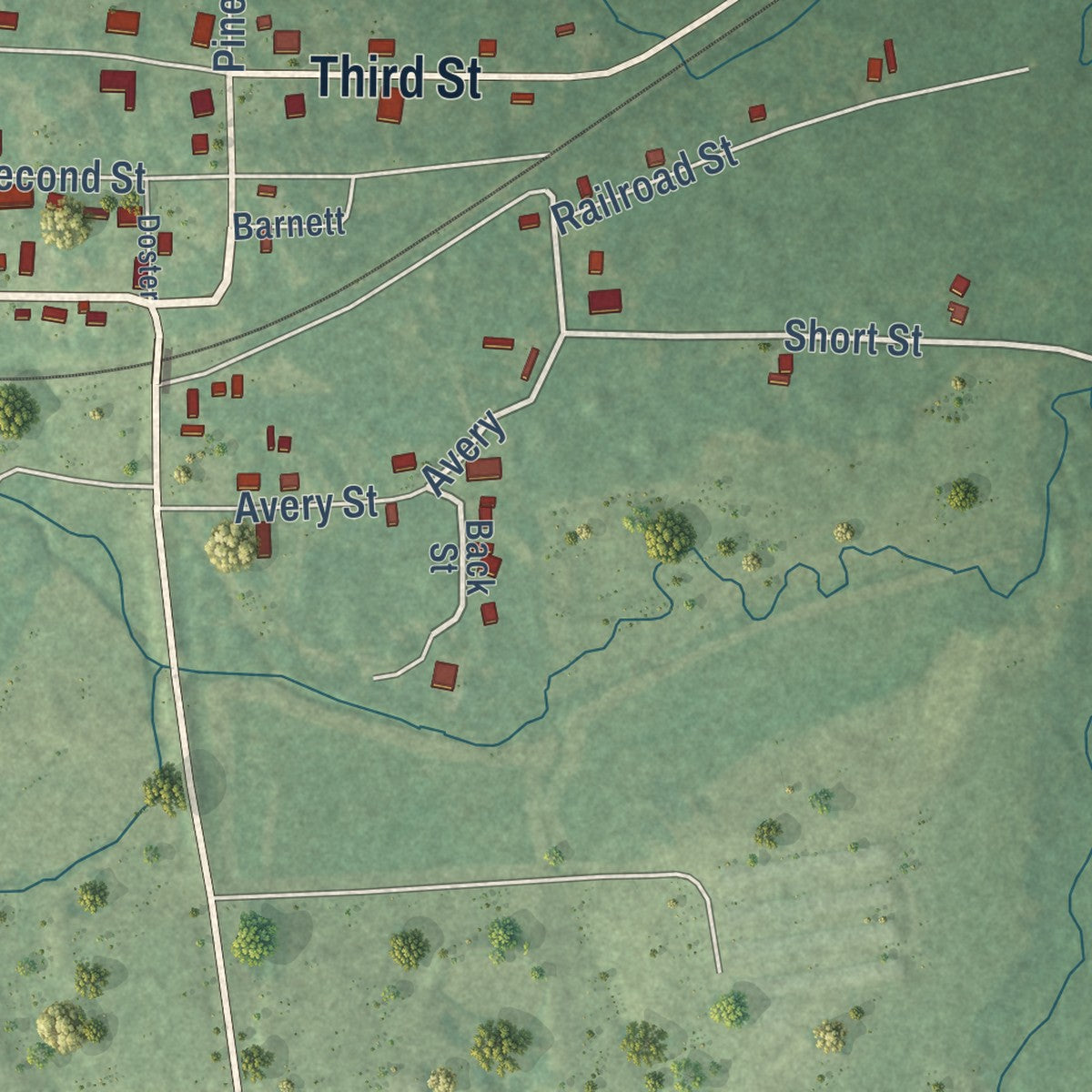 Close-up of the map of Kingsland, Arkansas print showing street and building detail