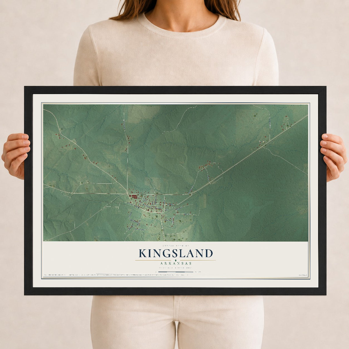 Map of Kingsland, Arkansas, 12 x 18 inch print in a black wood frame