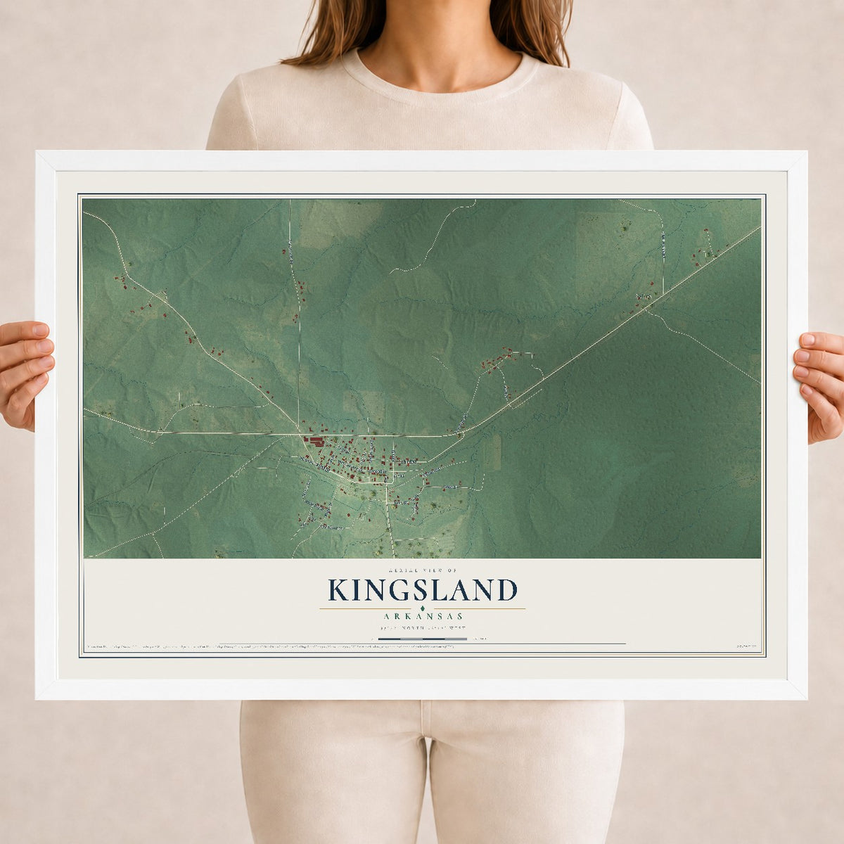 Map of Kingsland, Arkansas, 18 x 24 inch print in a white wood frame