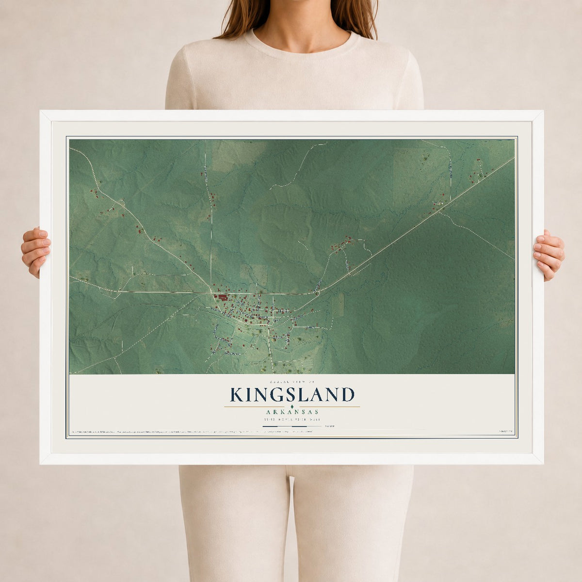 Map of Kingsland, Arkansas, 24 x 36 inch print in a white wood frame