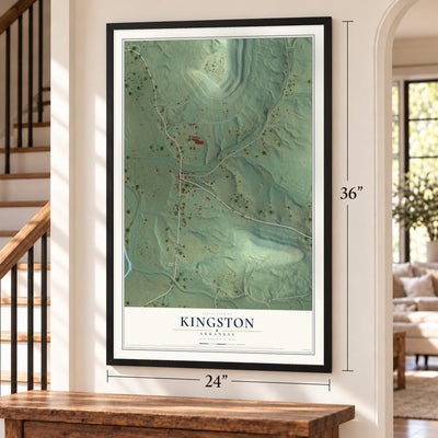 Kingston, Arkansas map, 24 x 36 inch print in a black frame by a staircase