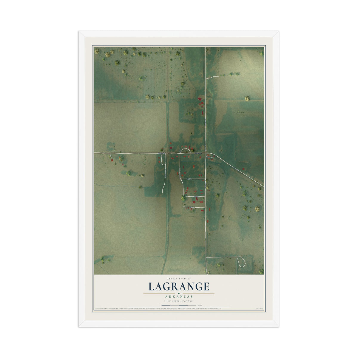 Map of LaGrange, Arkansas, 12 x 18 inch print in a white wood frame