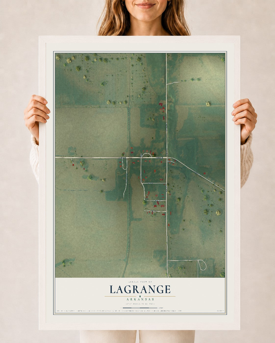 Map of LaGrange, Arkansas, 24 x 36 inch print in a white wood frame