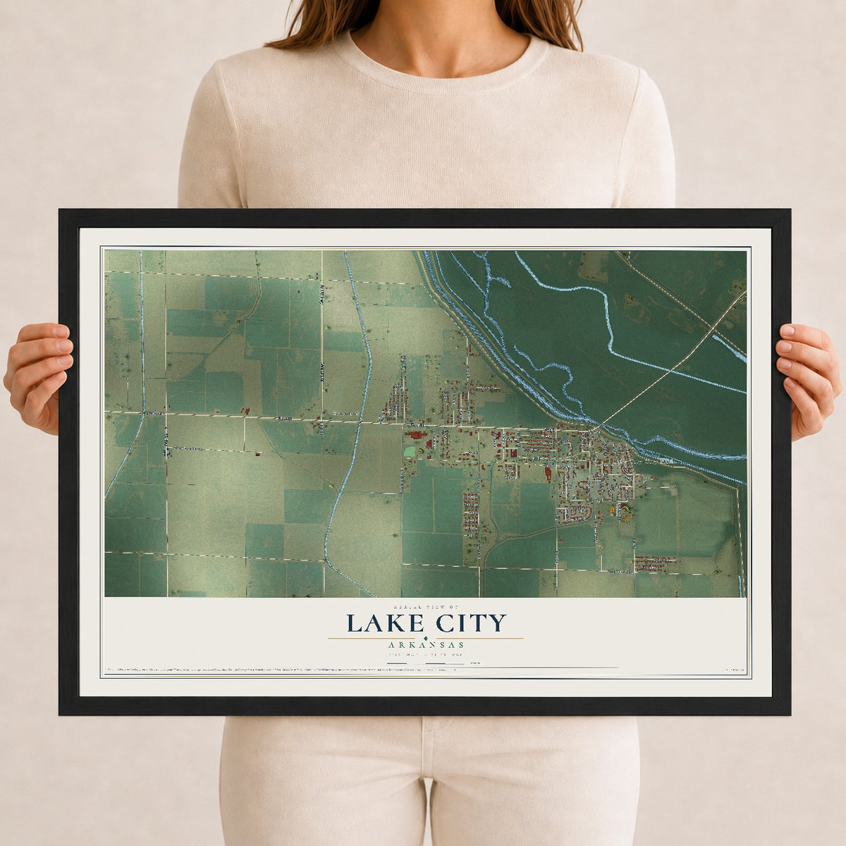 Map of Lake City, Arkansas, 12 x 18 inch print in a black wood frame
