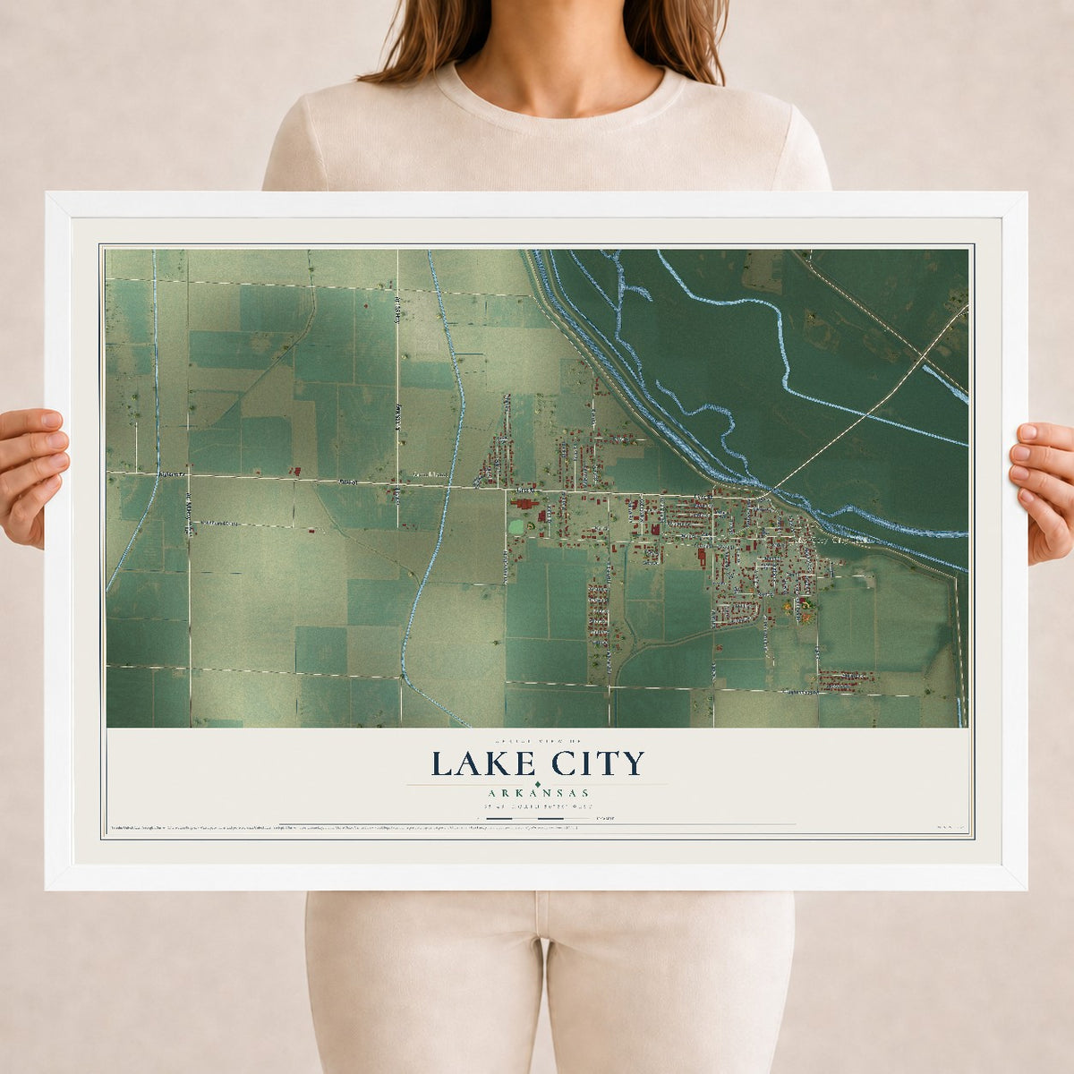 Map of Lake City, Arkansas, 18 x 24 inch print in a white wood frame