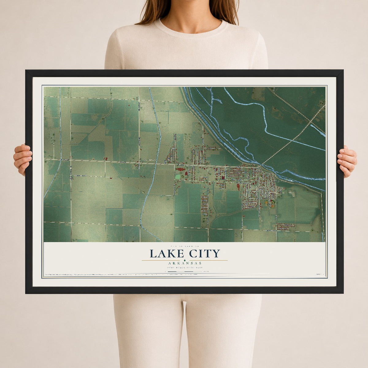 Map of Lake City, Arkansas, 24 x 36 inch print in a black wood frame