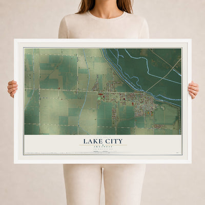 Map of Lake City, Arkansas, 24 x 36 inch print in a white wood frame