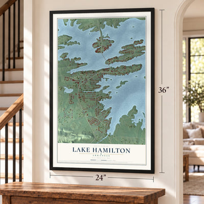 Lake Hamilton, Arkansas map, 24 x 36 inch print in a black frame by a staircase