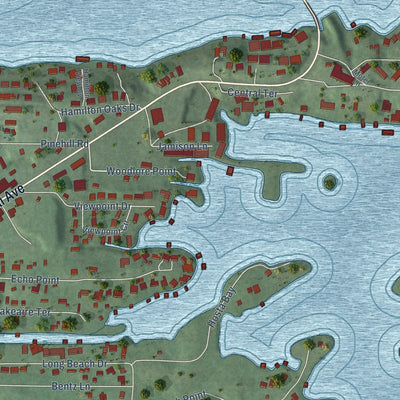 Close-up of the map of Lake Hamilton, Arkansas print showing street and building detail
