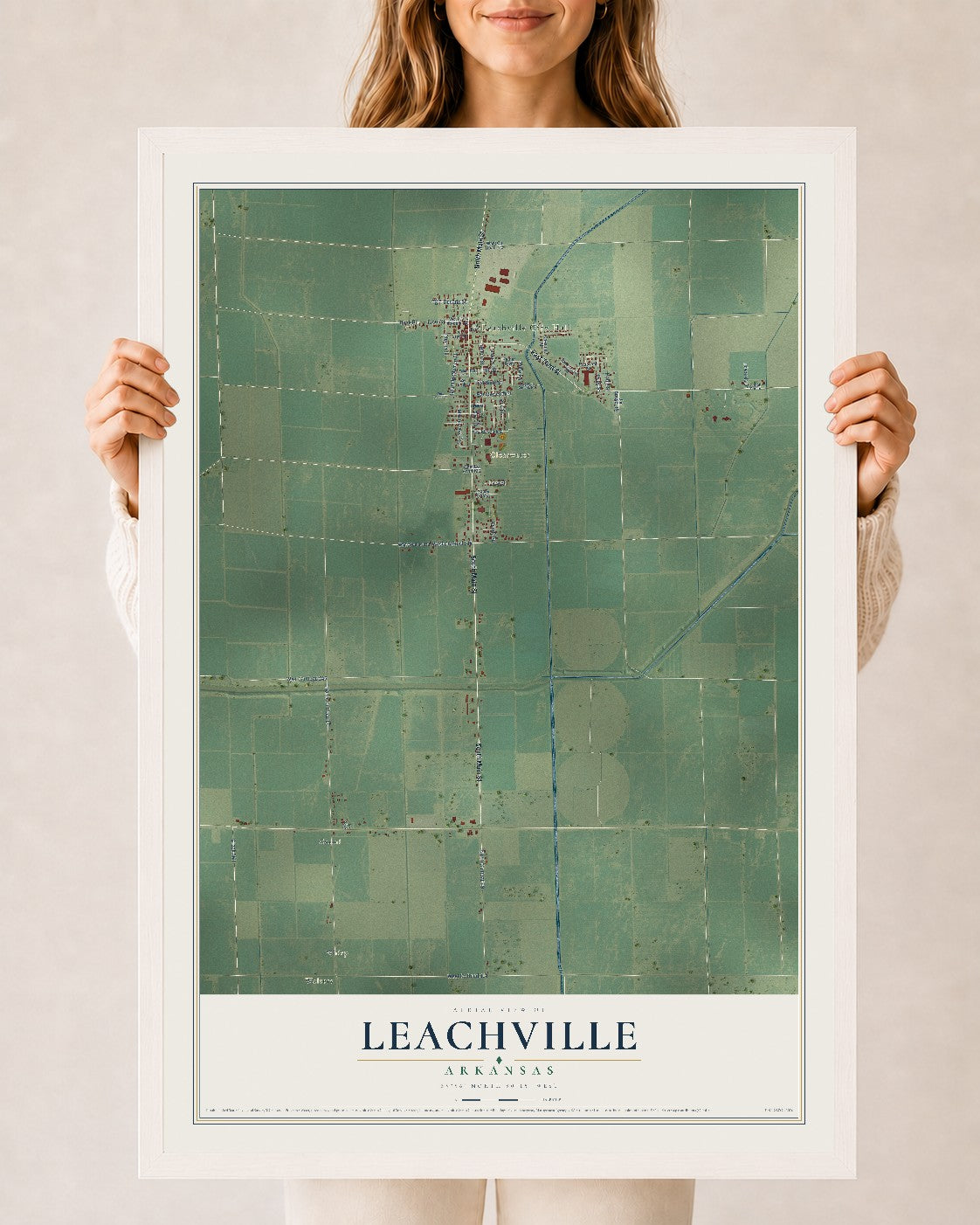 Map of Leachville, Arkansas, 24 x 36 inch print in a white wood frame